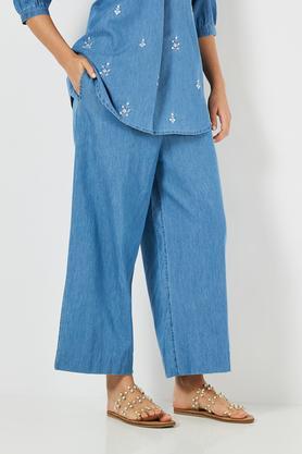 solid straight fit denim women's casual wear pants - indigo