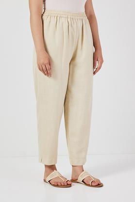 solid straight fit linen women's festive wear pant - off white