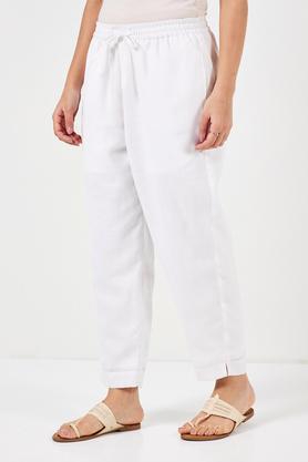 solid straight fit linen women's festive wear pant - white