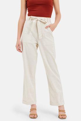 solid straight fit linen women's formal wear trousers - natural