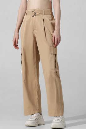 solid straight fit polyester women's casual wear pants - brown