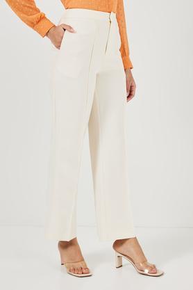 solid straight fit polyester women's casual wear pants - cream