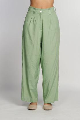 solid straight fit polyester women's casual wear pants - green