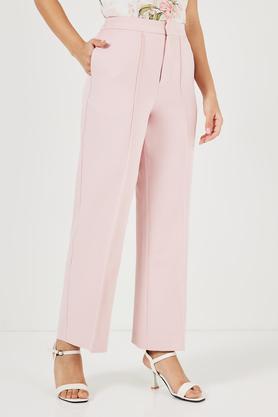 solid straight fit polyester women's casual wear pants - peach