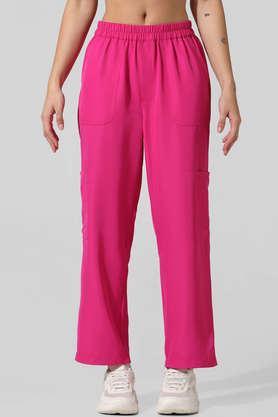 solid straight fit polyester women's casual wear pants - pink