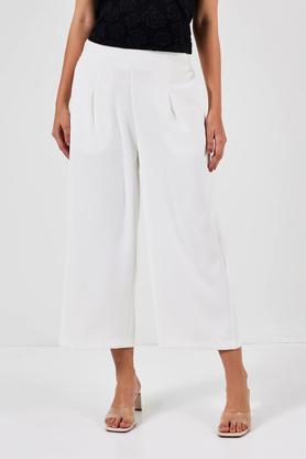 solid straight fit polyester women's casual wear pants - white