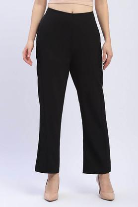 solid straight fit polyester women's casual wear trousers - black