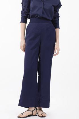 solid straight fit polyester women's casual wear trousers - blue