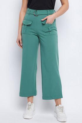 solid straight fit polyester women's casual wear trousers - green
