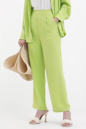 solid straight fit polyester women's casual wear trousers - green