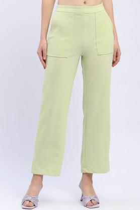 solid straight fit polyester women's casual wear trousers - green