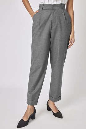 solid straight fit polyester women's casual wear trousers - grey