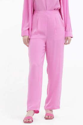 solid straight fit polyester women's casual wear trousers - pink