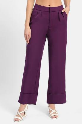solid straight fit polyester women's casual wear trousers - purple