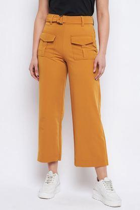 solid straight fit polyester women's casual wear trousers - tan