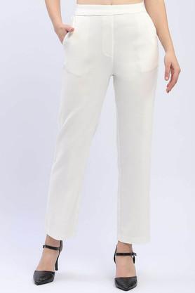 solid straight fit polyester women's casual wear trousers - white