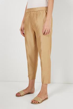solid straight fit polyester women's festive wear pant - brown