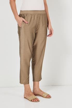 solid straight fit polyester women's festive wear pant - mud