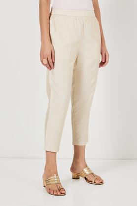 solid straight fit polyester women's festive wear pant - natural