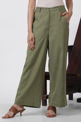 solid straight fit rayon women's casual wear pants - green