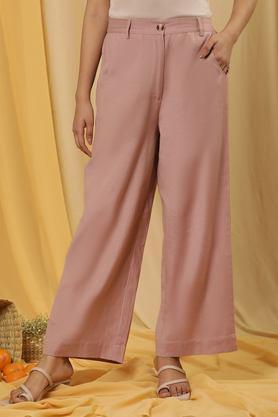 solid straight fit rayon women's casual wear pants - pink