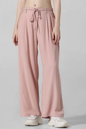 solid straight fit rayon women's casual wear pants - pink
