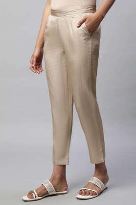 solid straight fit satin women's casual wear trouser - gold