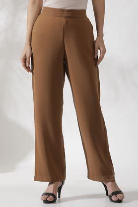 solid straight fit viscose women's casual wear pants - brown
