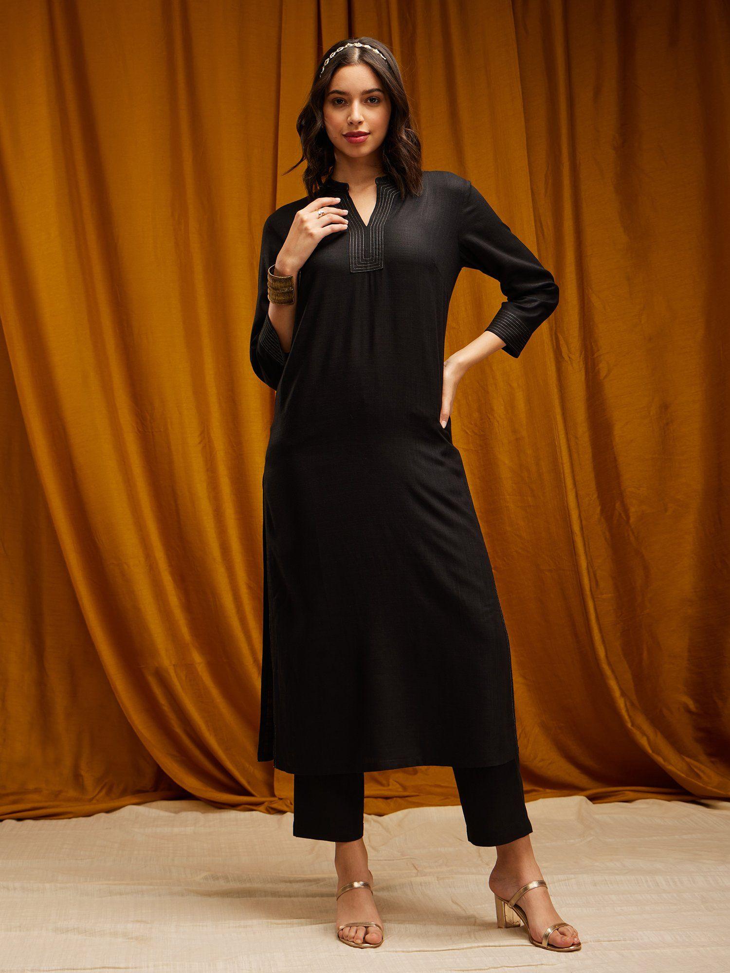 solid straight kurta - black (set of 2)