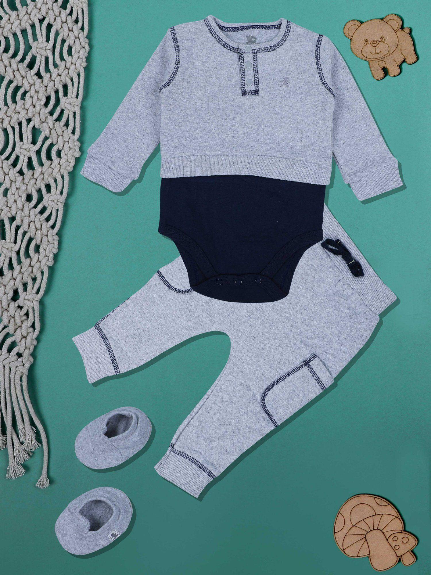 solid stretchable jogger with onesie and booties grey gift (set of 3)
