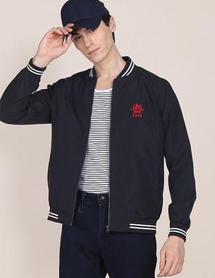 solid striped collar polyester bomber jacket
