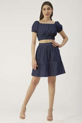 solid summer 2 pcs set for women off-shoulder crop top - mini skirt coord set - navy