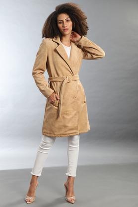 solid synthetic leather collar neck womens casual coat - natural