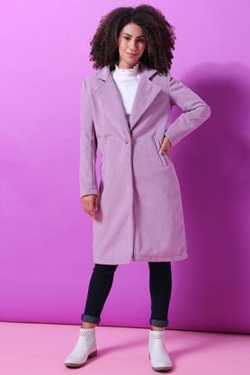 solid synthetic leather collar neck womens casual coat - purple