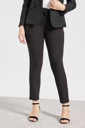 solid tailored fit blended fabric women's formal wear trousers - black