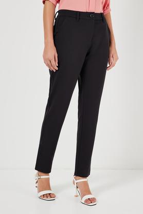 solid tailored fit blended fabric women's formal wear trousers - black