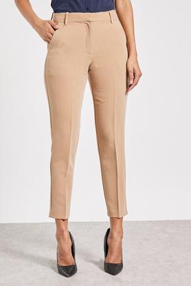 solid tailored fit blended fabric women's formal wear trousers - natural