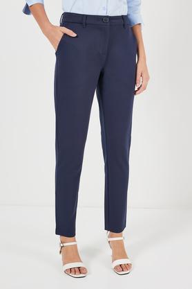 solid tailored fit blended fabric women's formal wear trousers - navy