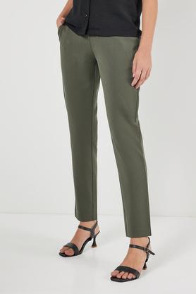 solid tailored fit blended fabric women's formal wear trousers - olive