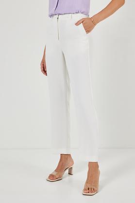 solid tailored fit polyester women's formal wear trousers - off white