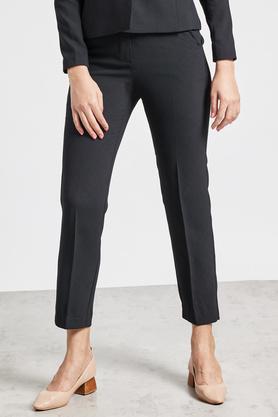 solid tailored fit polyester women's trousers - black