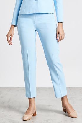 solid tailored fit polyester women's trousers - blue