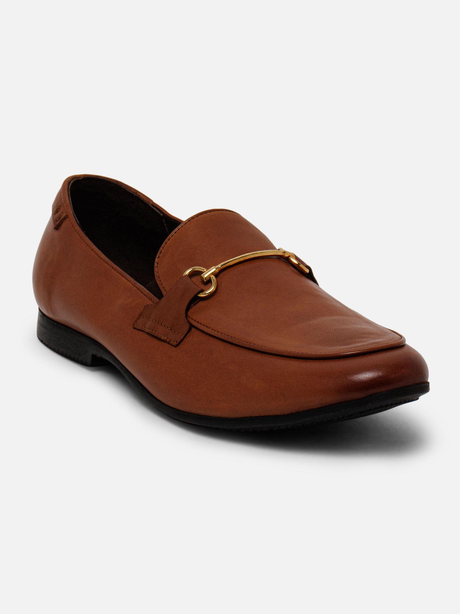 solid tan leather casual loafers for men