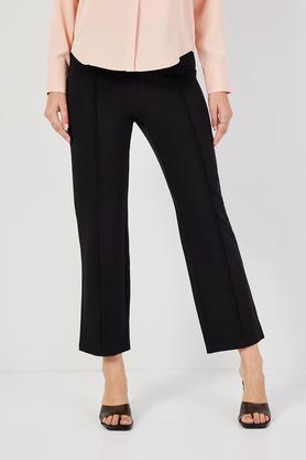 solid tapered fit blended fabric women's formal wear trousers - black