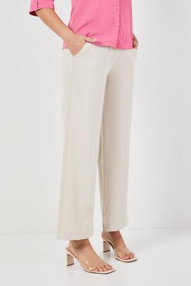 solid tapered fit blended fabric women's formal wear trousers - natural