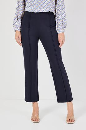 solid tapered fit blended fabric women's formal wear trousers - navy