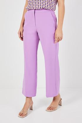 solid tapered fit blended fabric women's formal wear trousers - purple