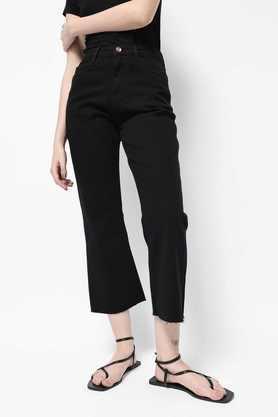 solid tapered fit cotton women's casual wear pants - black