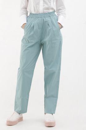 solid tapered fit cotton women's casual wear trousers - blue