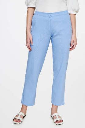 solid tapered fit linen women's festive wear pants - light blue